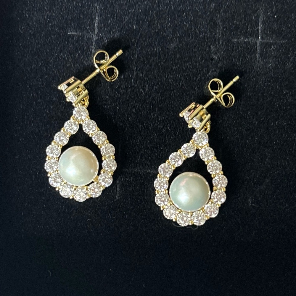 COMING SOON: Yellow Gold Drop Earrings White Pearl with Halo Post-back